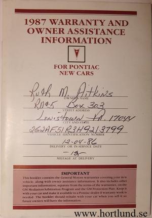 1987 Pontiac Warranty and Owner Assistance Information