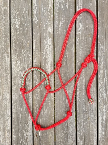 Braided rope halter with lead rope ring - Cob, Red