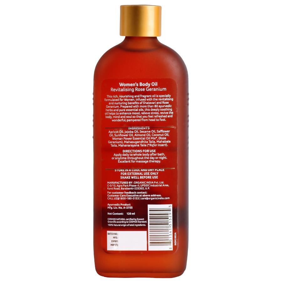 Women's Body Oil Revitalizing Rose Geranium Org. 120ml, Organic India - 2