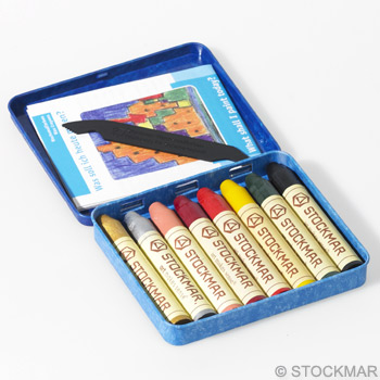 Stockmar bivax stiftkritor - 8 färger specialfärger (rosa, guld, silver mfl). Plåtask.