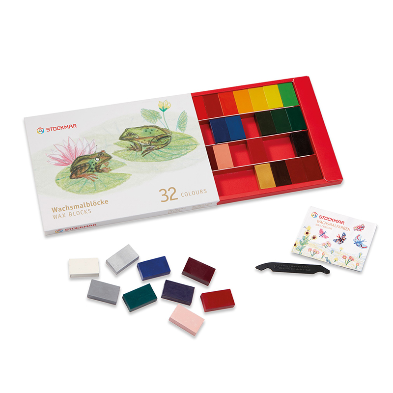 Stockmar bivaxkritor 32 färger. Block. Pappersetui. Skrapa + inspirationsfolder medföljer. 