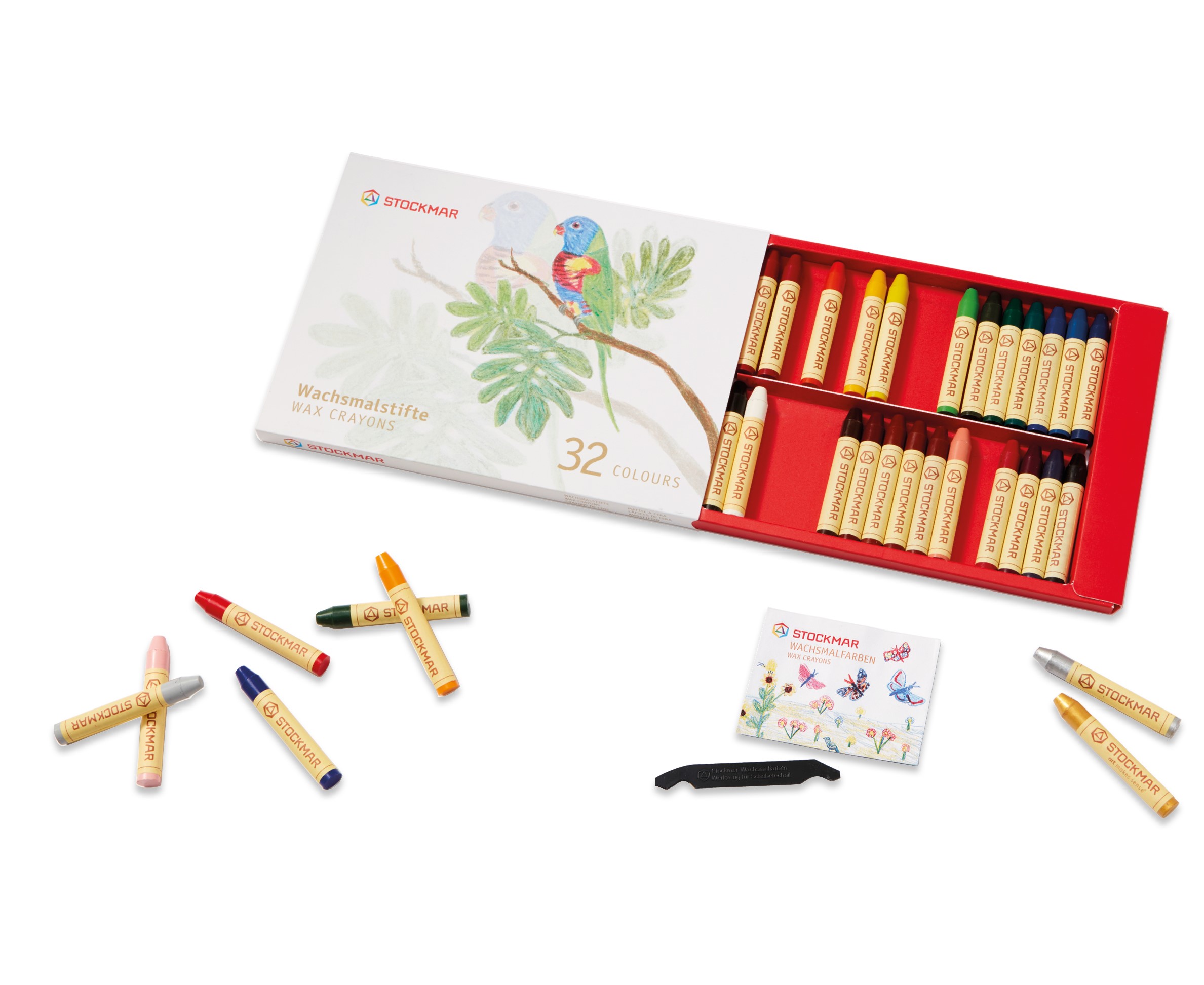 Stockmar bivaxkritor. Stift. 32 färger. Pappersetui. Skrapa + inspirationsfolder medföljer