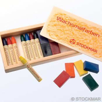 Stockmar bivax stiftkritor 8 st + blockkritor 8 st. Trä-låda. 