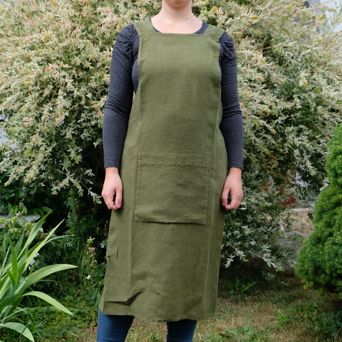 Olive green - linen - cross apron - NorraVilla