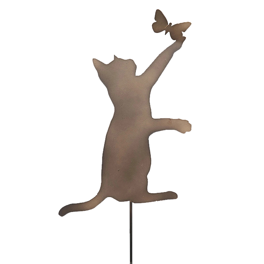 Trädgårdstick av metall katt och fjäril detalj