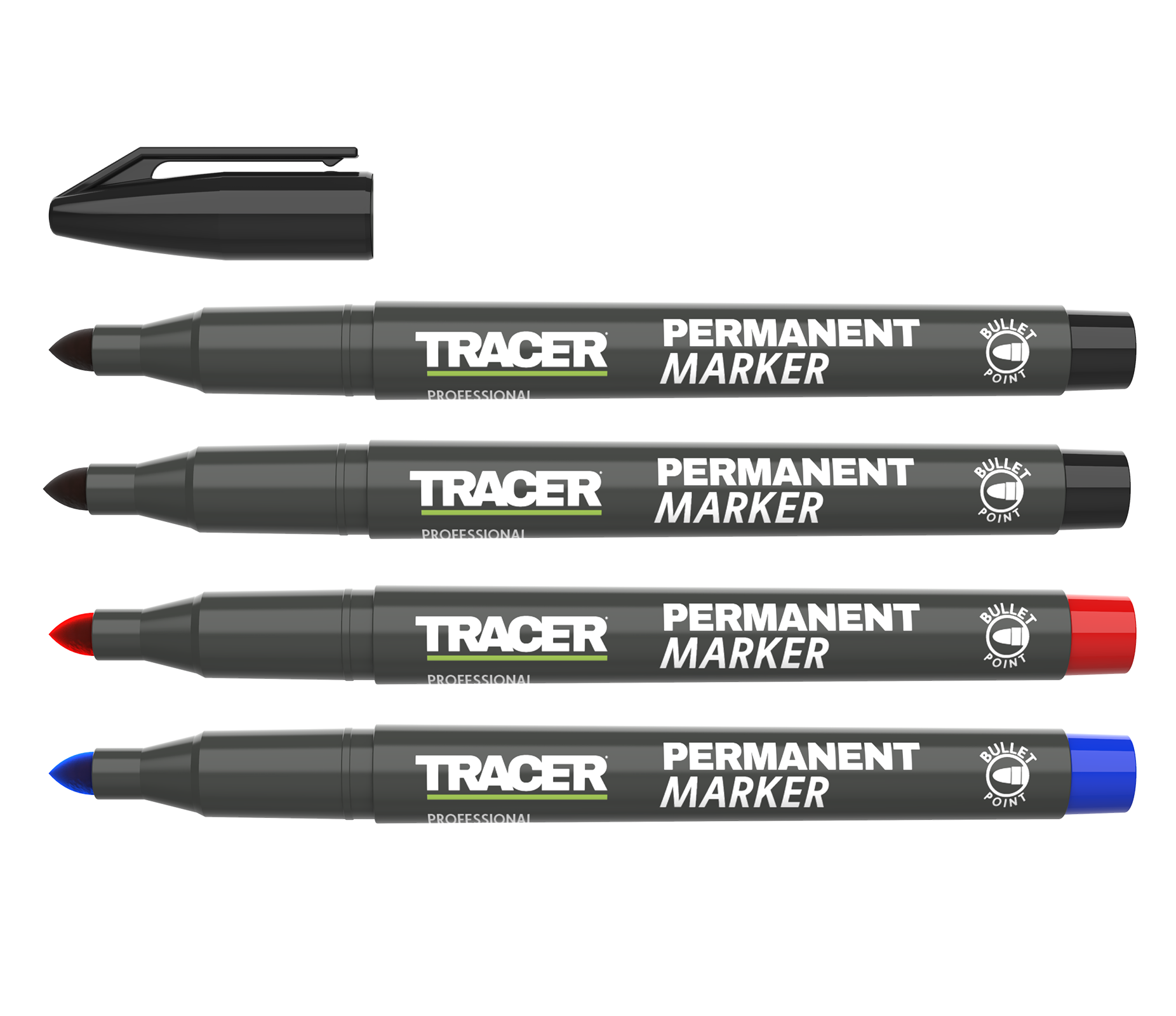 Markers PERMANENT 4pack - 2 black -1 red -1 blue, Tracer