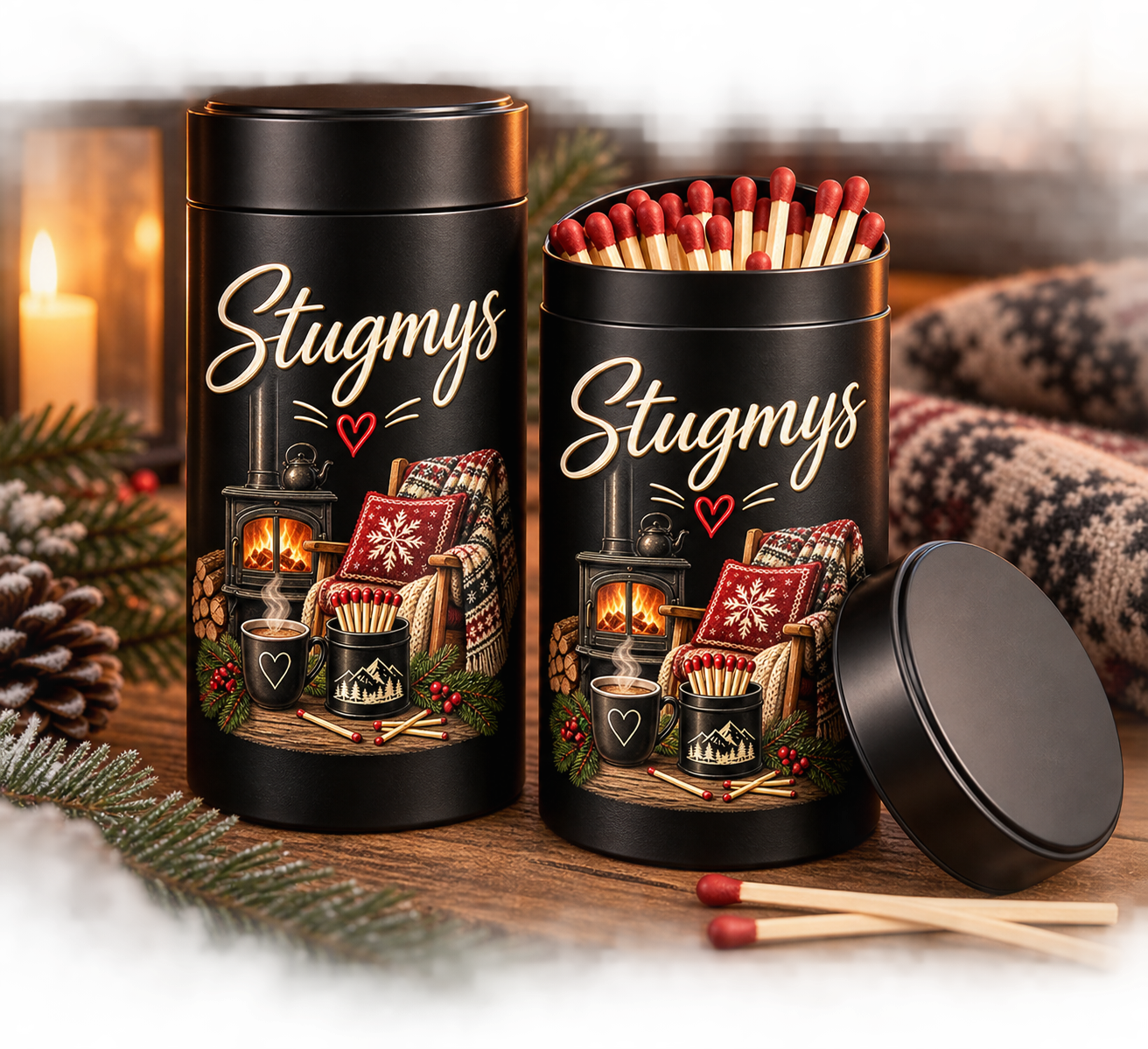 Tändsticksburk Stugmys – 60 extra långa tändstickor