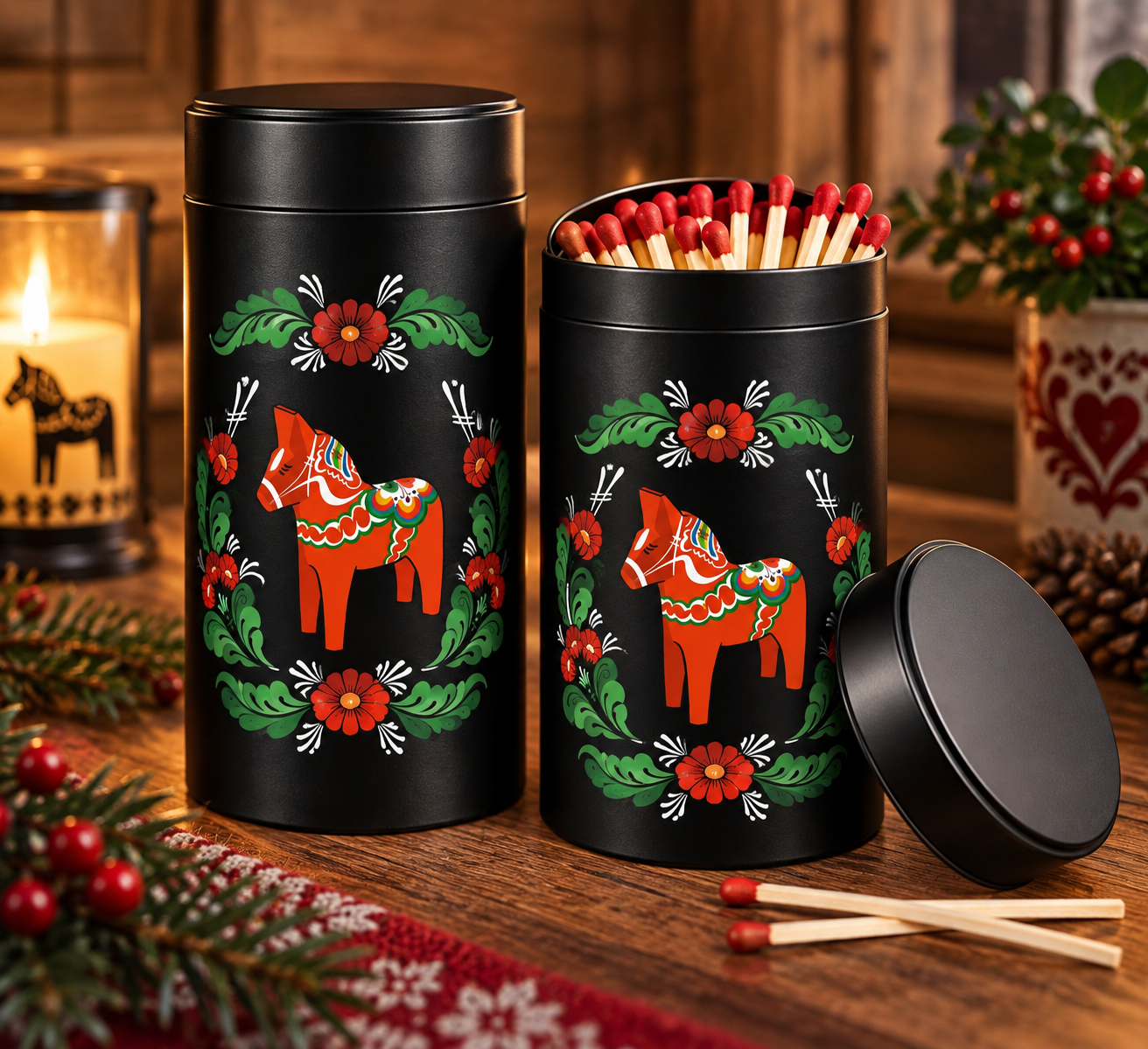 Tändsticksburk Dalahäst & Kurbitskrans – 60 extra långa tändstickor