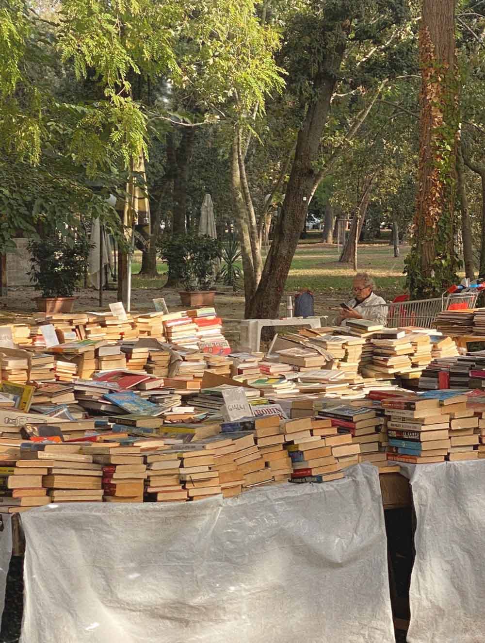 Stacks of old books in a park with a man reading behind them