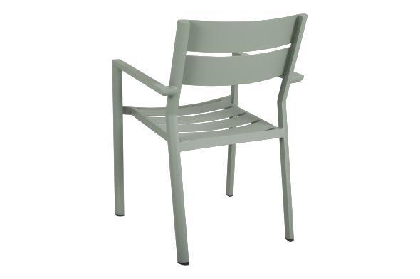 Delia karmstol i ljusgrön aluminium sedd bakifrån.