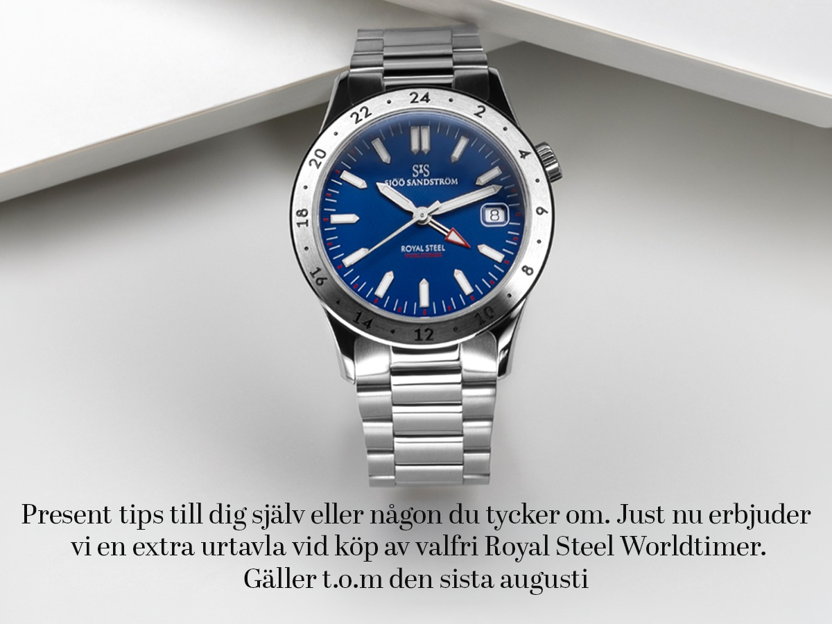 Sjöö Sandström Royal Steel Worldtimer 41 blå, ny länk