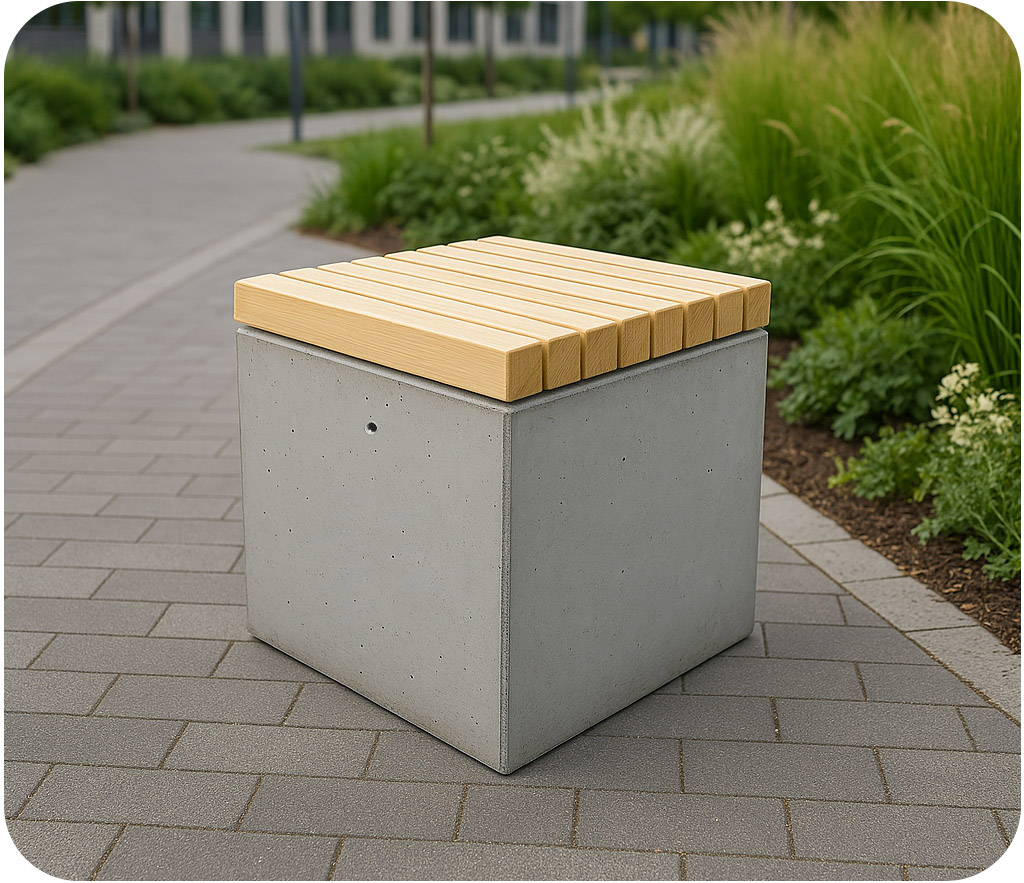 Betongkub med trä yta -Betongbänk - Parkbänk