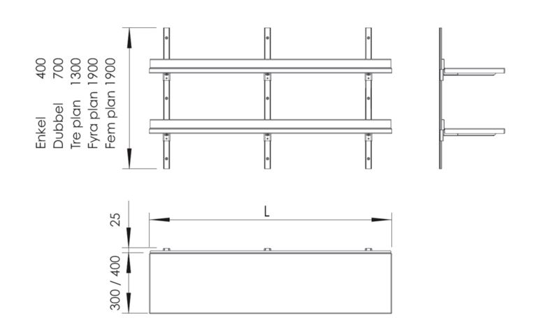 Vägghylla fyraplan 400 mm djup - 2