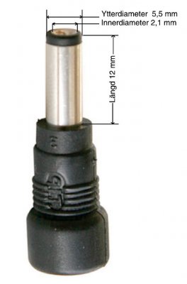 TIP kontakt 5,5/2,1/12 mm, minus (-) i mitten