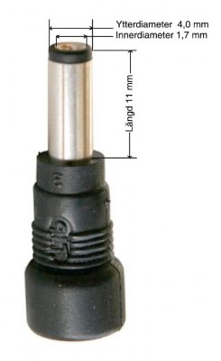 TIP kontakt 4,0/1,7/11 mm, minus (-) i mitten