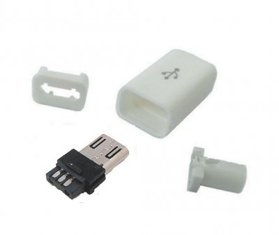 USB micro Type-B, kontakt hane, 5-pin, Vit