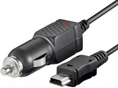 Bilströmadapter; USB mini kontakt; 5V/1x1A; svart; 1,5m