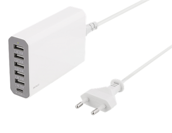 USB-laddningsstation, 10A, 1xUSB-C ho, 5xUSB Typ A