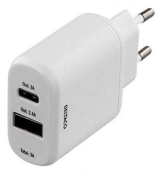 Väggladdare 230V till 5V USB, 3A 1xUSB-C, 1xUSB-A
