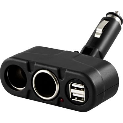 DELTACO USB-CAR2 strömadapter från Cigguttag 1224V till 2xCigg  2xUSB 5V 1A
