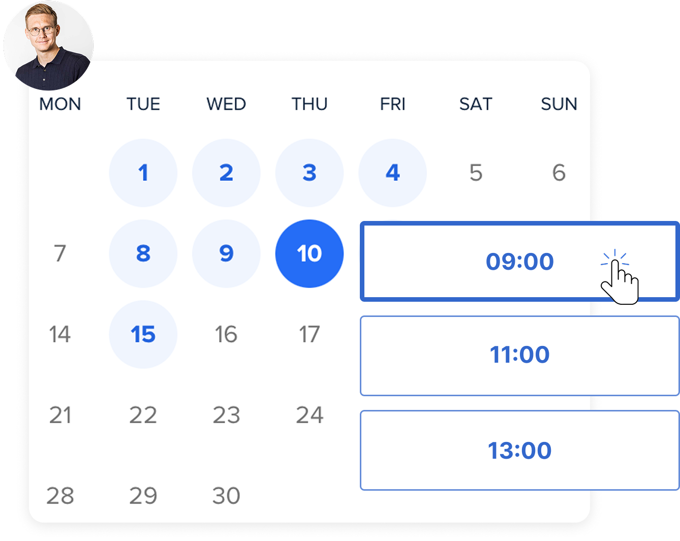 Booking calendar showing available times for a free Webarch demo, along with text about how the platform can be tailored to your organisation's needs.