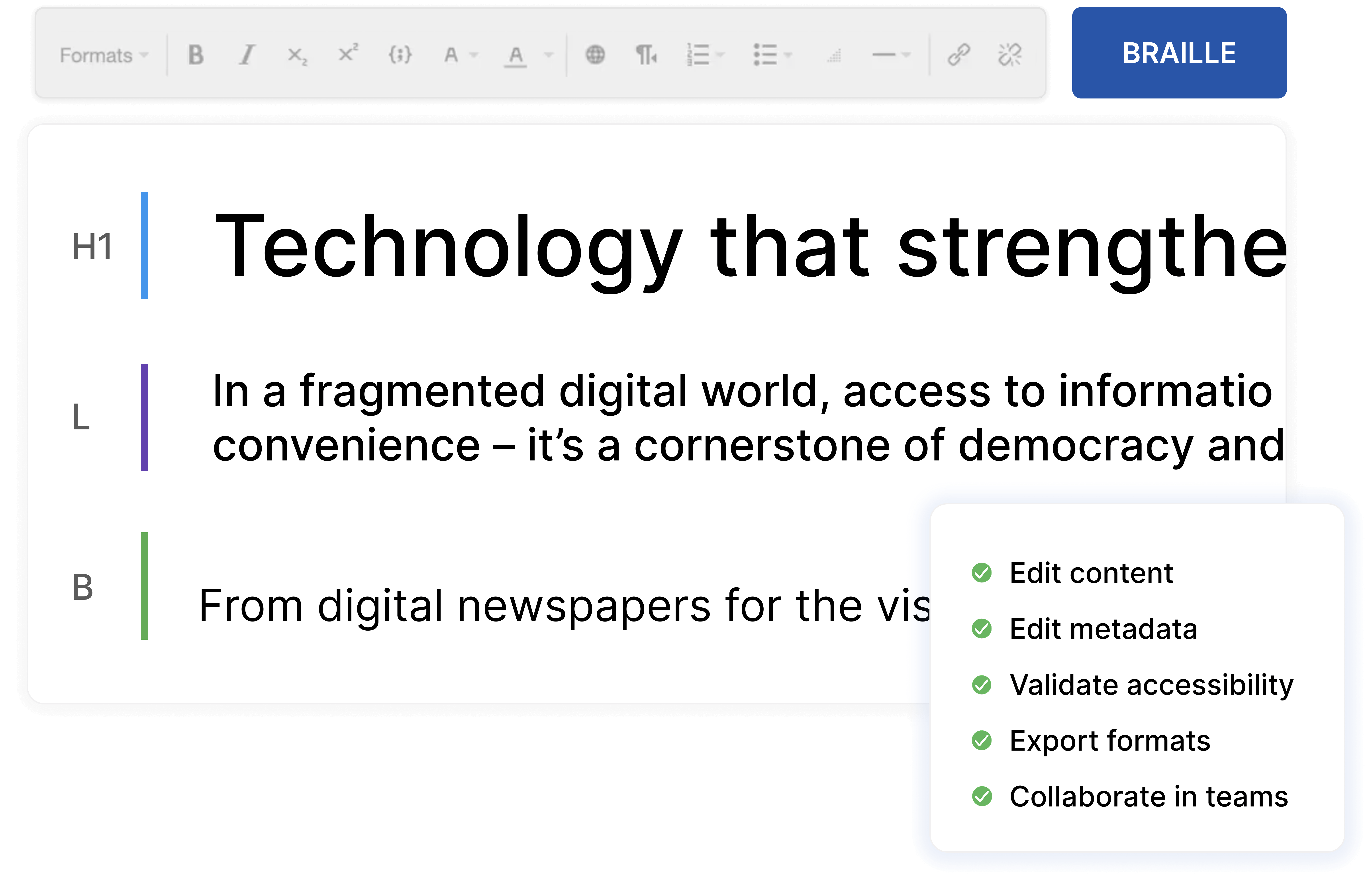 Illustration av Content Editor med verktygsfält och exempeltext. Visar hur rubriker, metadata och tillgänglighetsinformation kan redigeras, valideras och exporteras i olika format.