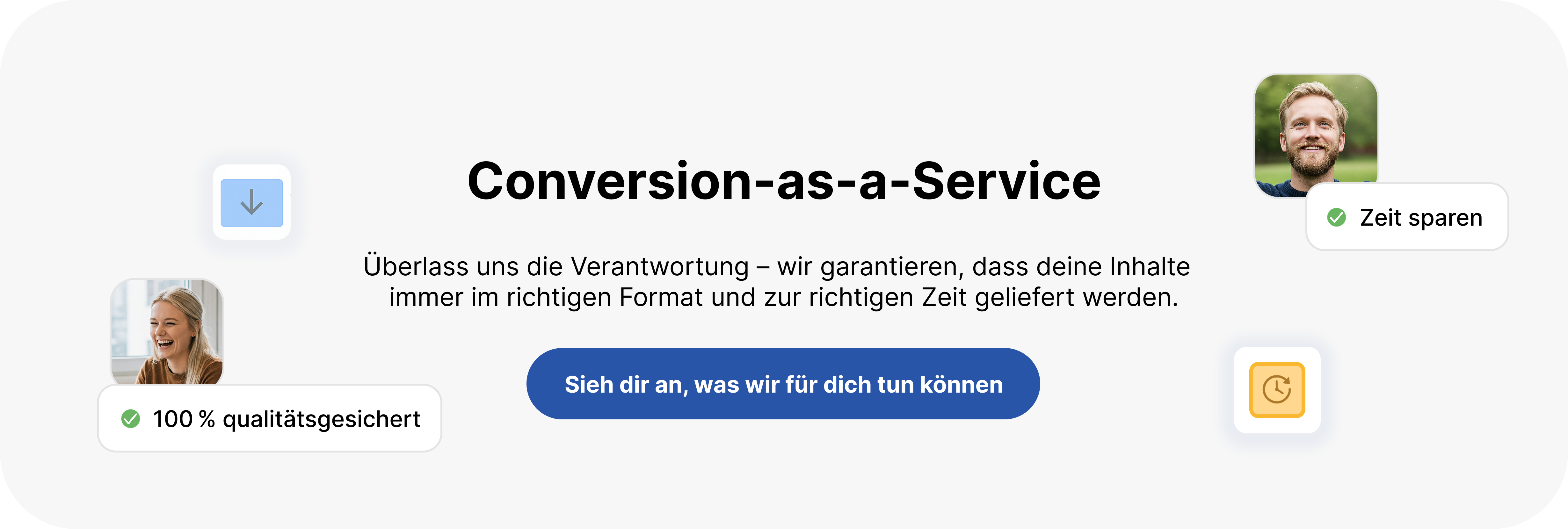 Grafik für Webarch Conversion-as-a-Service mit Aussagen zu Qualitätssicherung, Zeitersparnis und Lieferung im richtigen Format zur richtigen Zeit.
