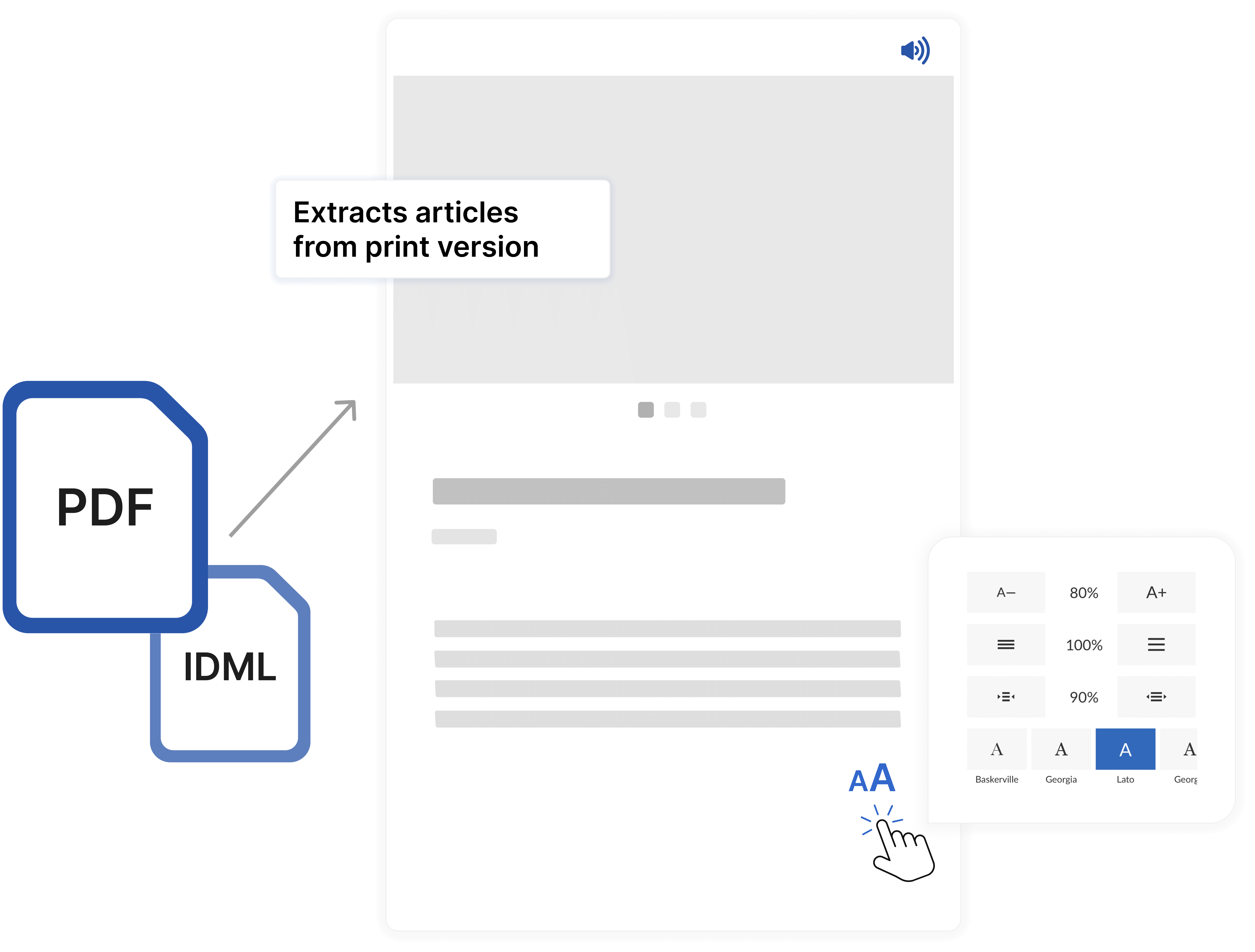 Illustration showing how Webarch extracts content from PDF and IDML for multi-channel publishing, focused on newspapers and magazines.