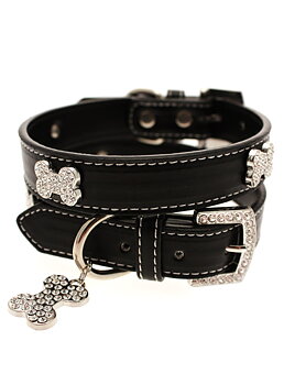 Urban Pup Bling Läderhalsband Med Hundben Svart