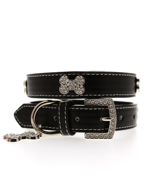 Urban Pup Bling Läderhalsband Med Hundben Svart - 3
