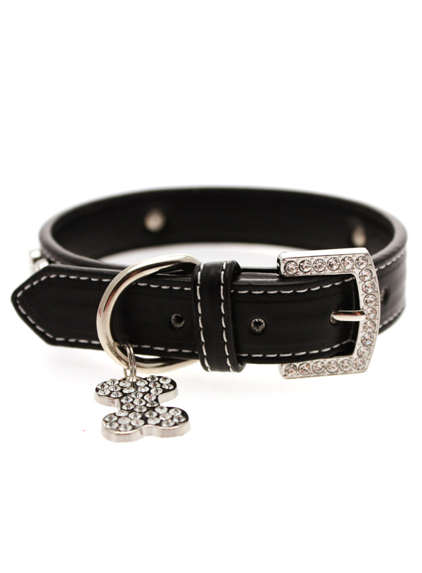 Urban Pup Bling Läderhalsband Med Hundben Svart - 4