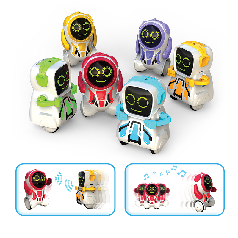 Små robotleksaker i färgerna grön, gul, röd, blå, lila och orange. Bilder visar olika funktioner för roboten.