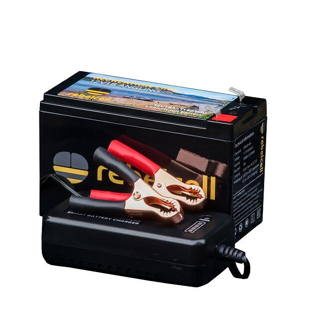 Båtpaket med 18 Ah Rebelcell batteri med laddare, relingsfäste och X-power magnetisk givarhållare 