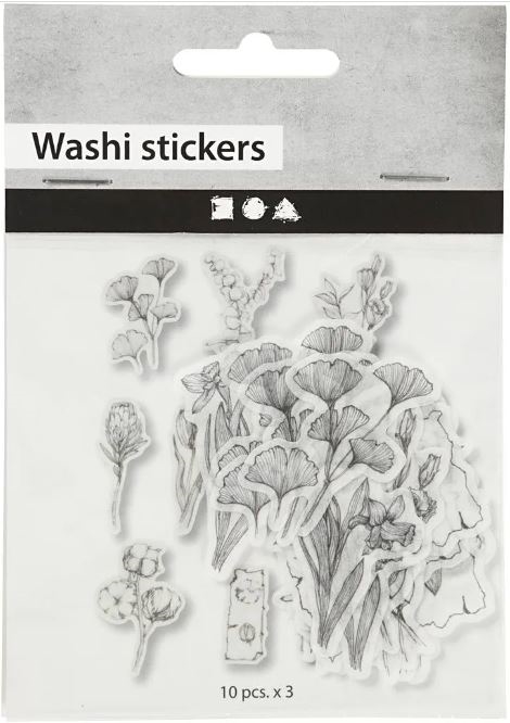 Washi Stickers, Svart/Vita Blommor