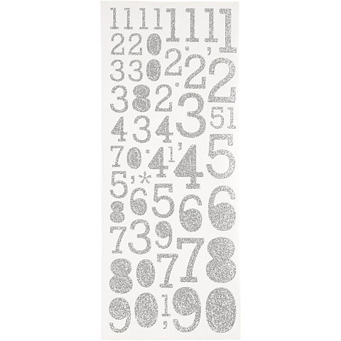 Glitterstickers, silver, siffror, 2ark