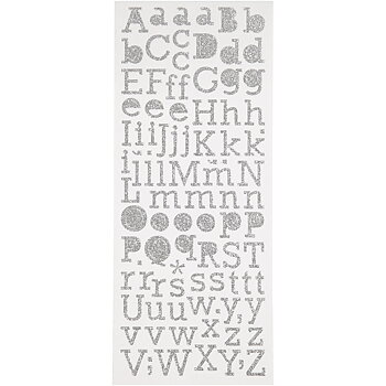 Glitterstickers, silver, bokstäver, 1ark