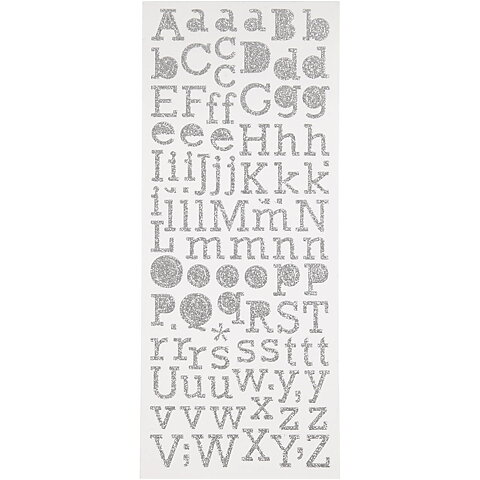 Glitterstickers, silver, bokstäver, 1ark