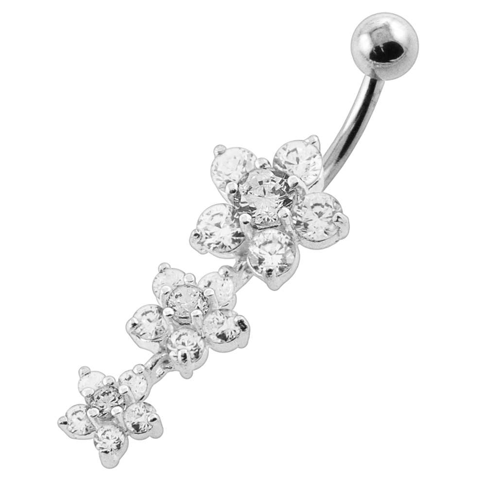 Navelpiercing med hängande tre blommor-vita kristaller