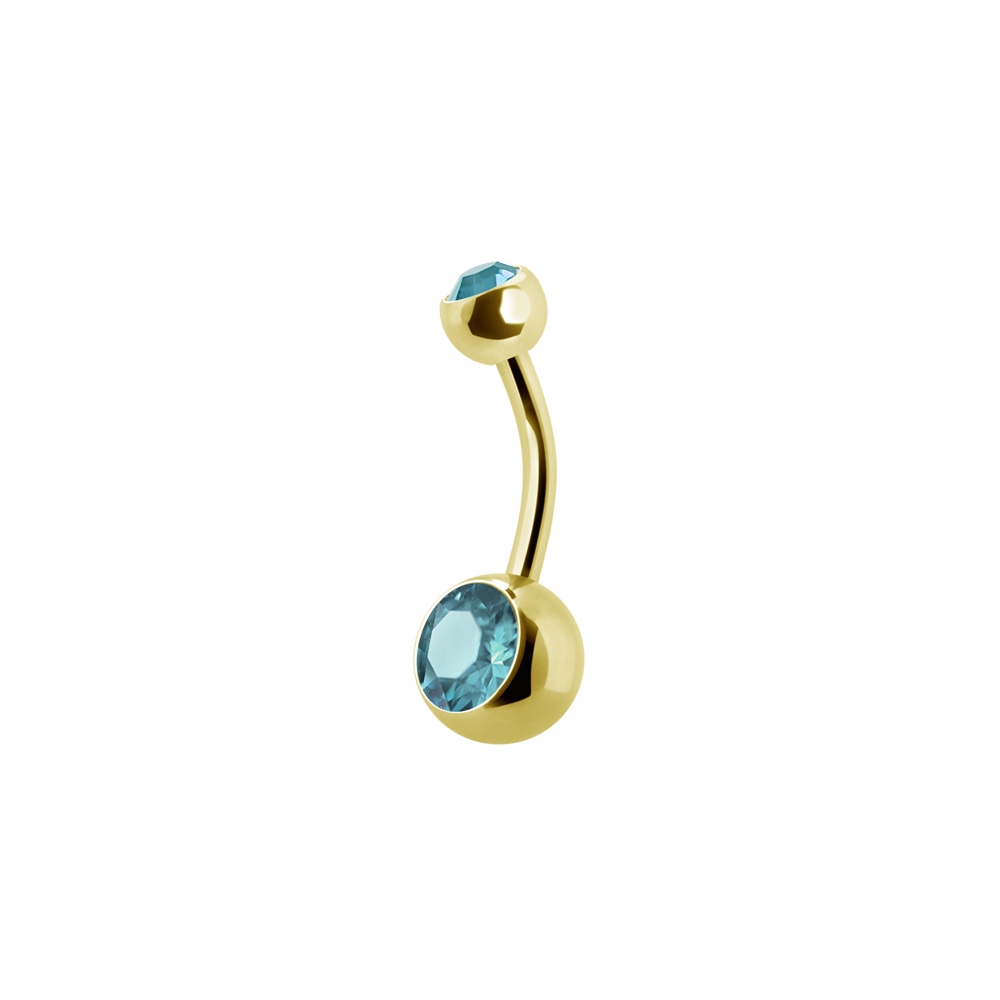 Navelpiercing - 1,6 mm - Guld - Dubbel Ljusblå kristall