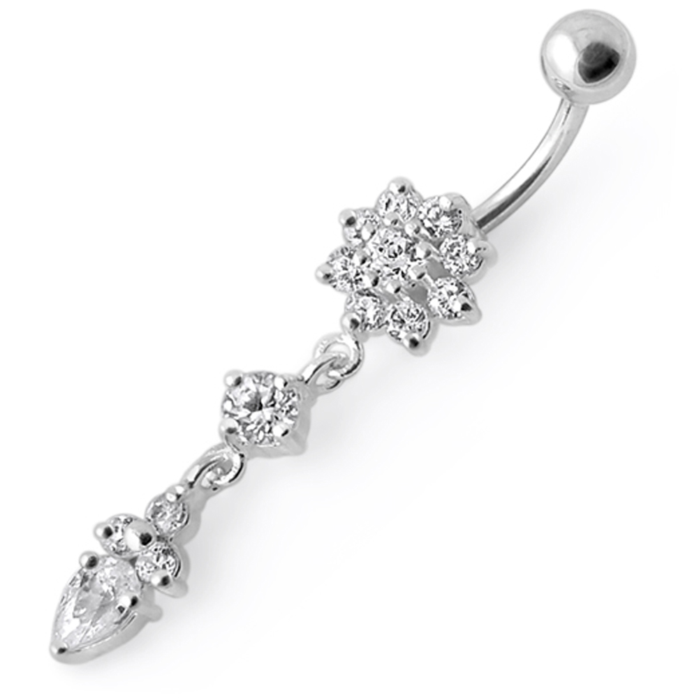 Navelpiercing - 1,6 mm - Blomma hängande kristaller