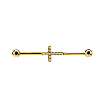 Lång barbell - 1,6 mm - 34 mm - kors med kristaller - guld