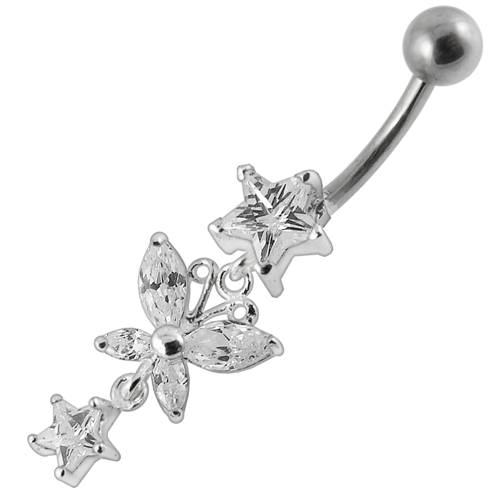 Navelpiercing - fjäril med dubbla blommor med kristaller