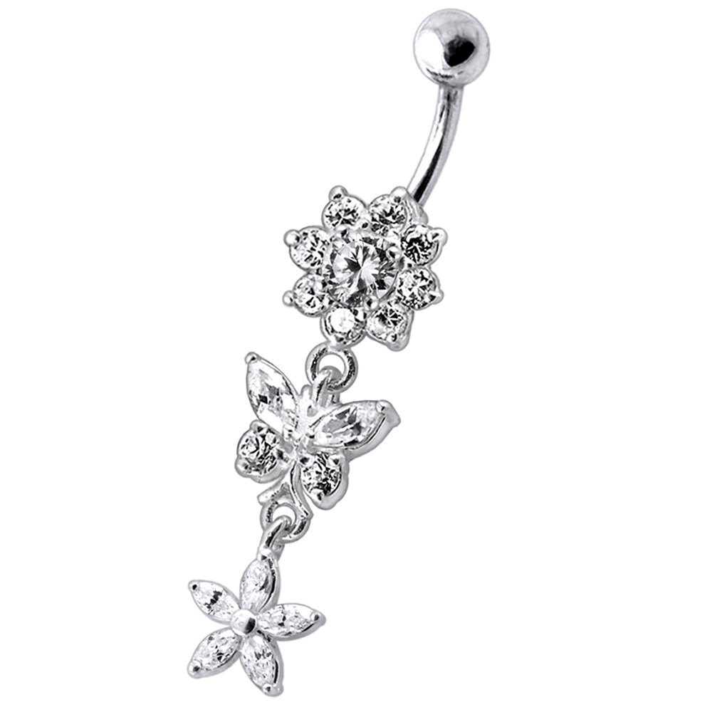 Navelpiercing - blommor med fjäril med kristaller