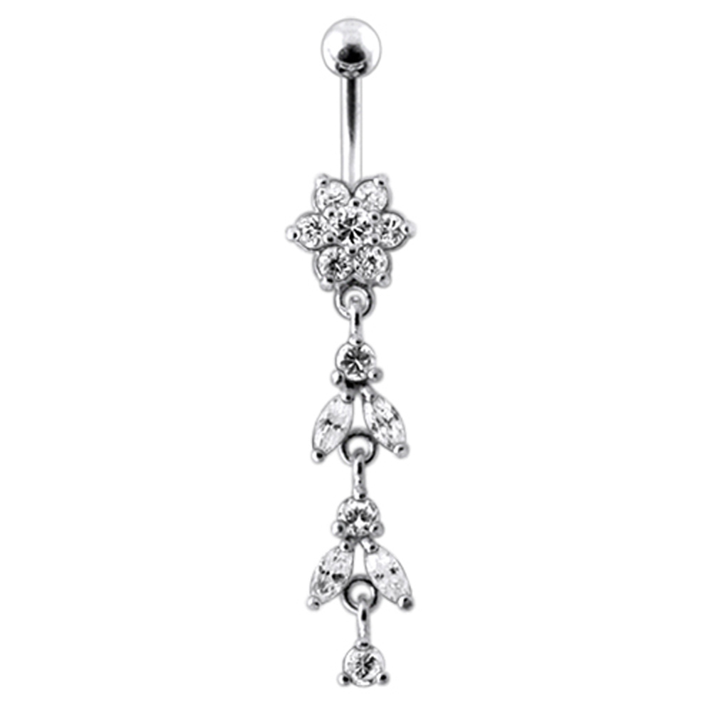 Navelpiercing - liten blomma med blad av kristaller