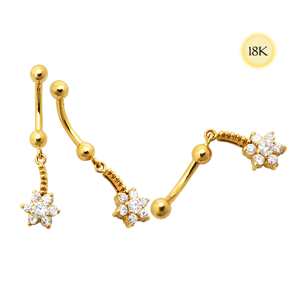 Navelpiercing i äkta guld - diamantfattade kristaller- blomma - 18K