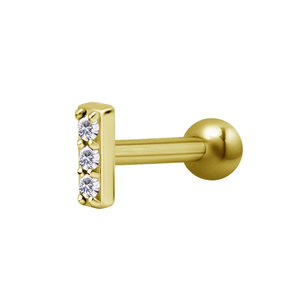 Labret piercing - 3 kristaller -  guld PVD
