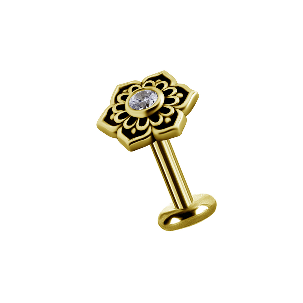 Topp till piercingstav - blomma och swarovskikristall - 18K äkta guld - 3