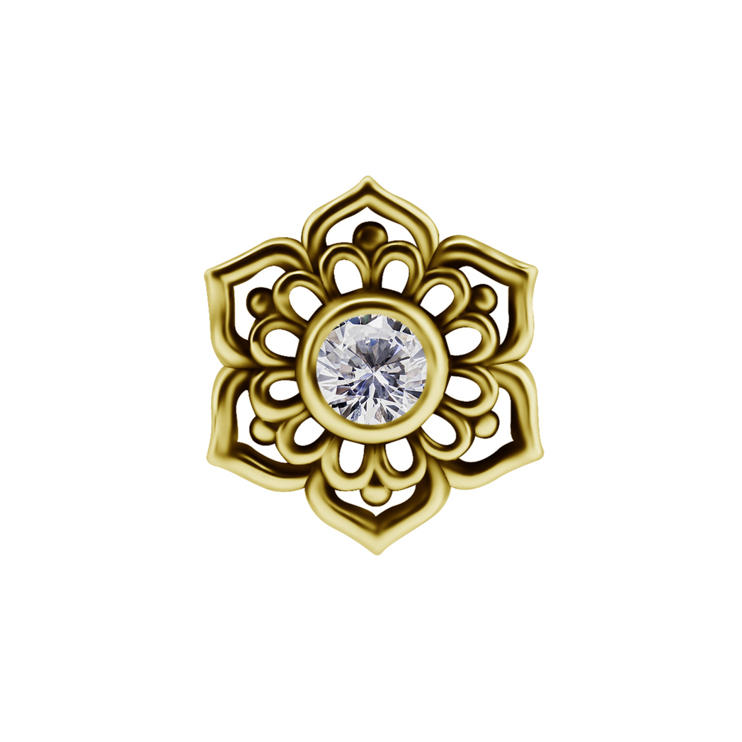 Topp till piercingstav - blomma och swarovskikristall - 18K äkta guld