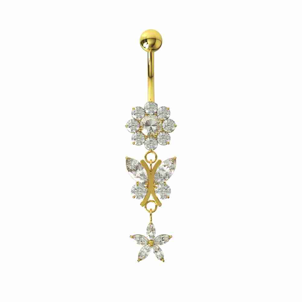 Navelpiercing - glittrig fjäril och blomma - guld