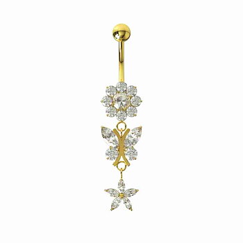 Navelpiercing - glittrig fjäril och blomma - guld
